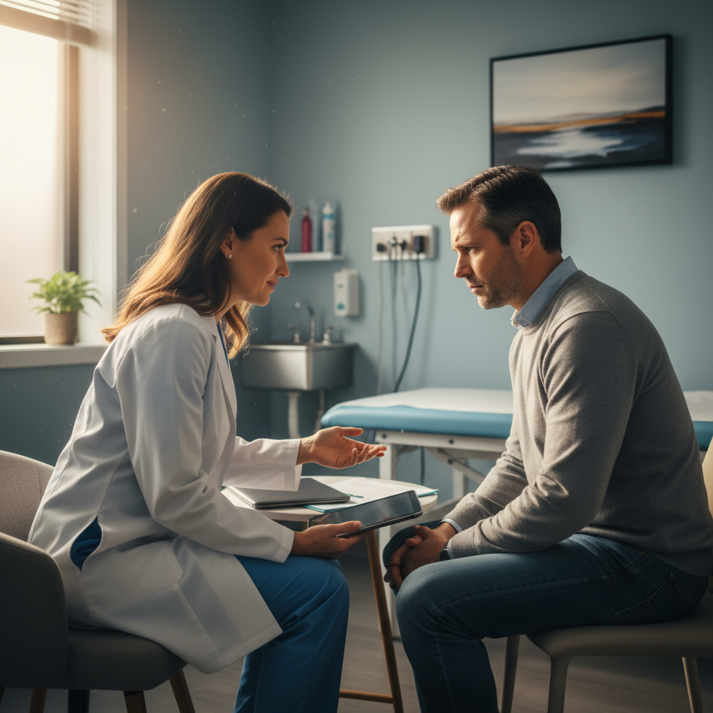 Physician meeting privately with a patient at an Ontario methadone clinic to review progress and next steps