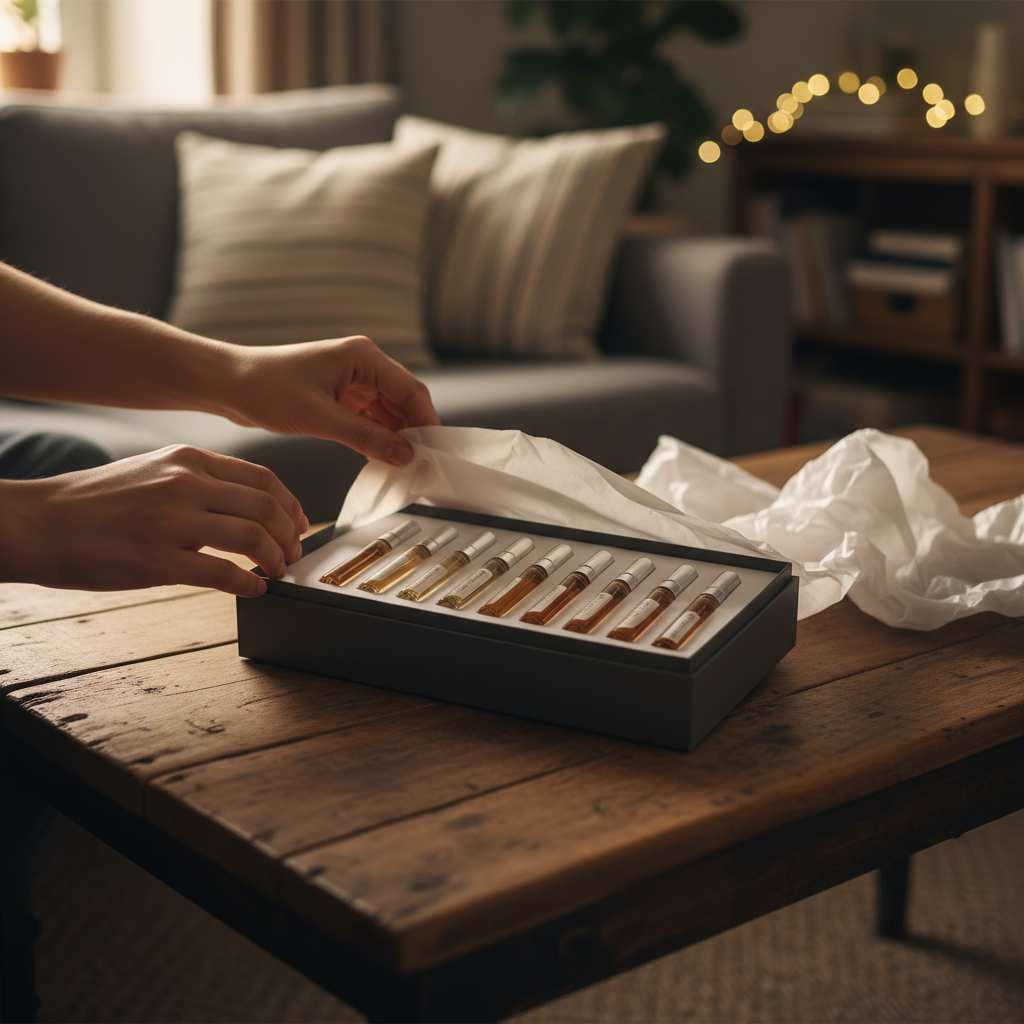 Lifestyle scene of unboxing a perfume discovery kit at home, showcasing an elegant perfume sample gift set ideal for gifting and testing