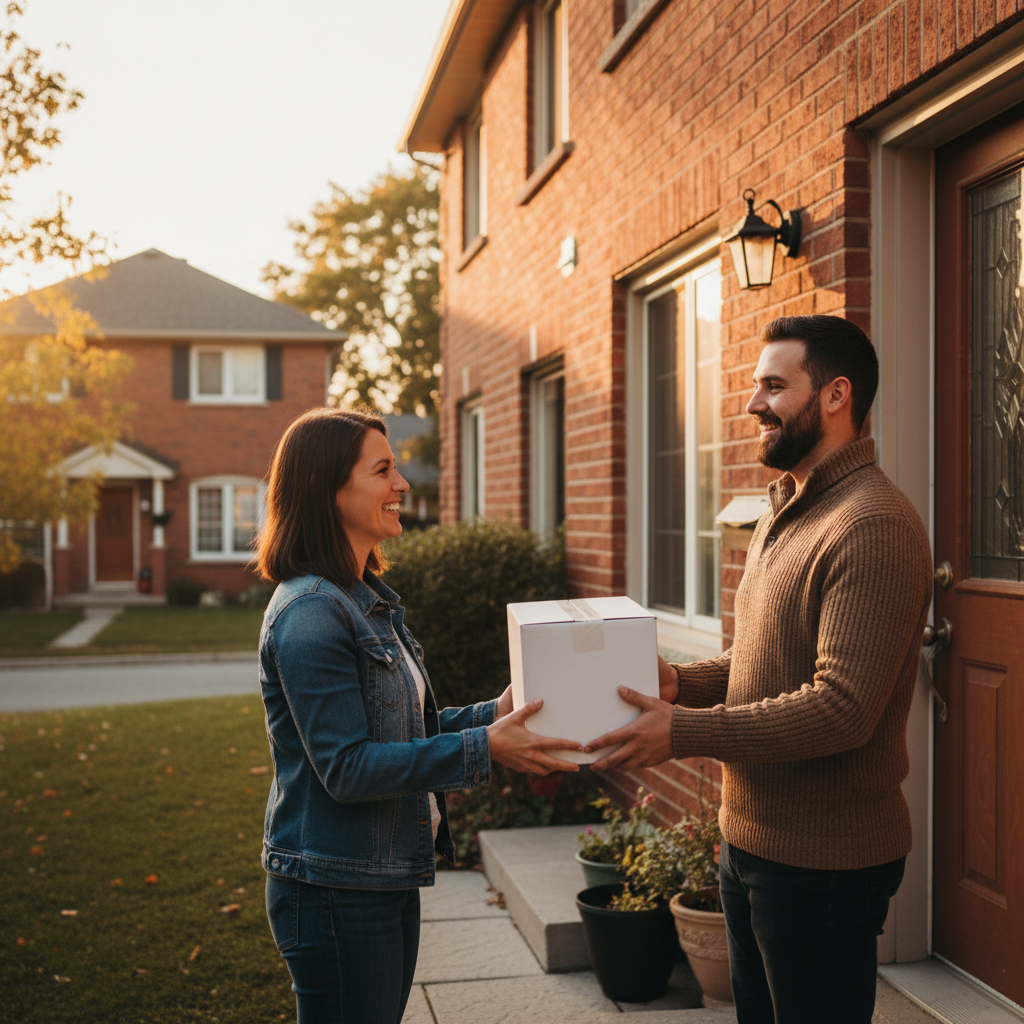 Local marketplace doorstep handoff showing a safe, friendly exchange in a Canadian townhouse community