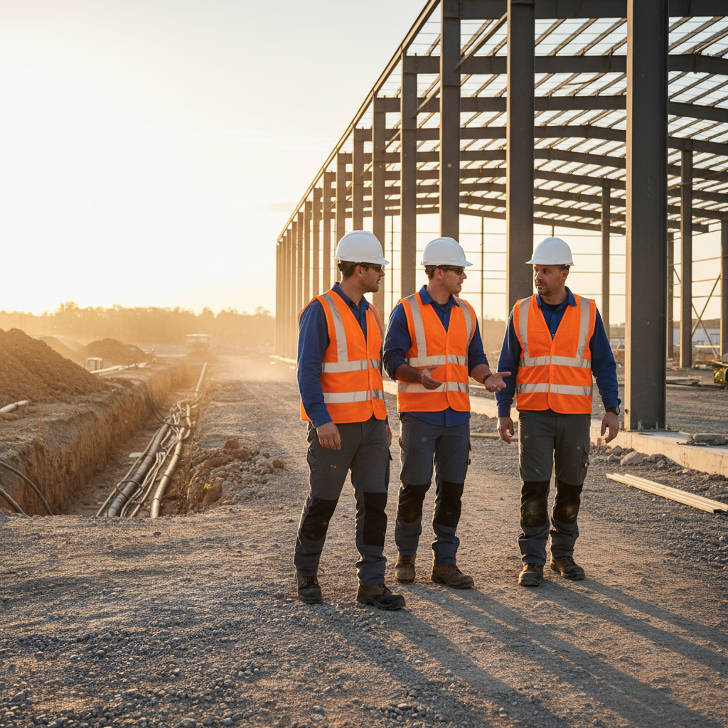 Construction management team in safety gear conducting a site walkthrough on a Texas building project