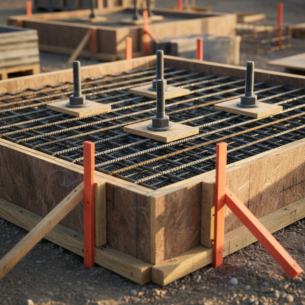 Close-up of rebar grid and anchor bolts in concrete formwork during building design and construction in Texas