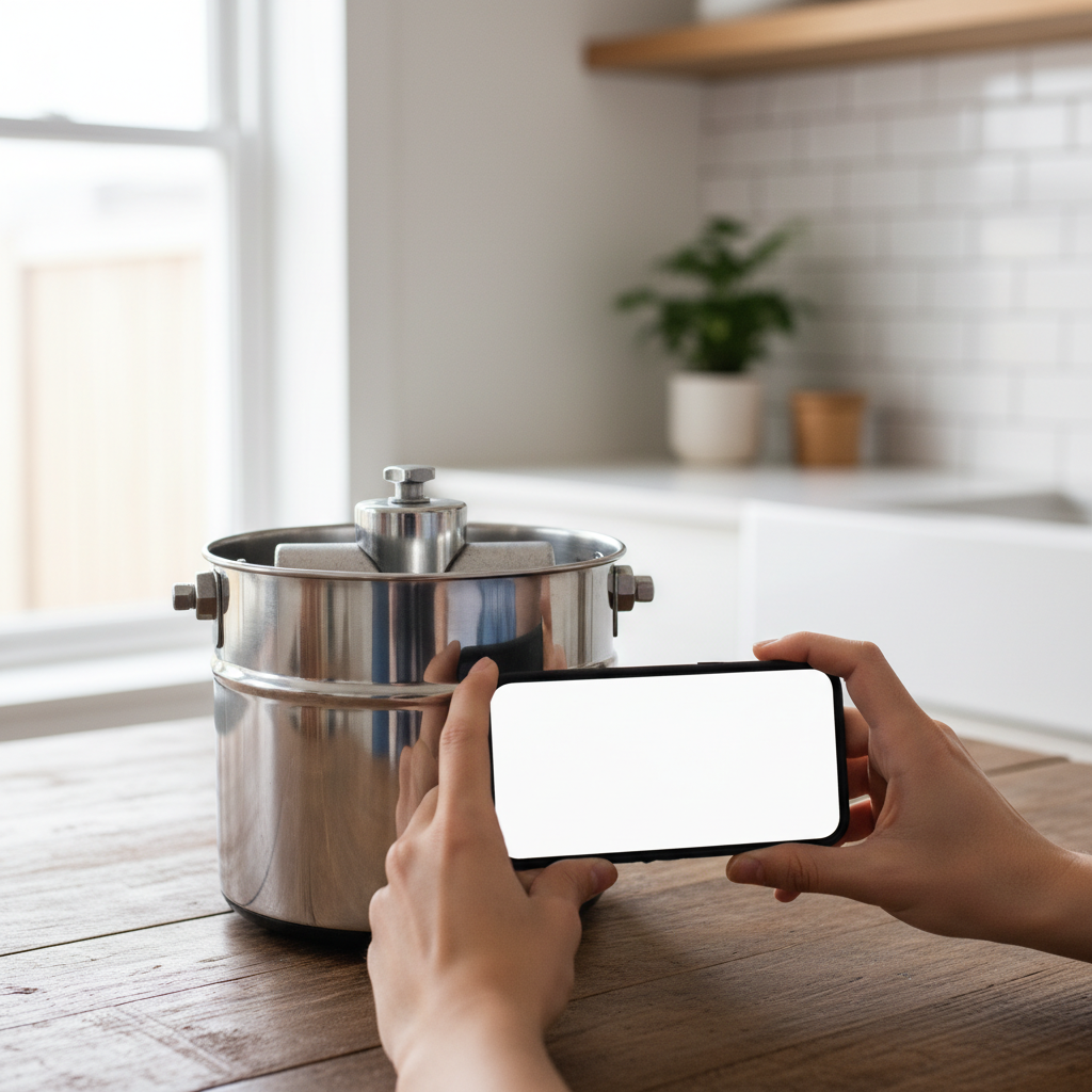 Close-up of a person photographing a wet grinder for a buy and sell marketplace listing in Canada Telugu Classifieds