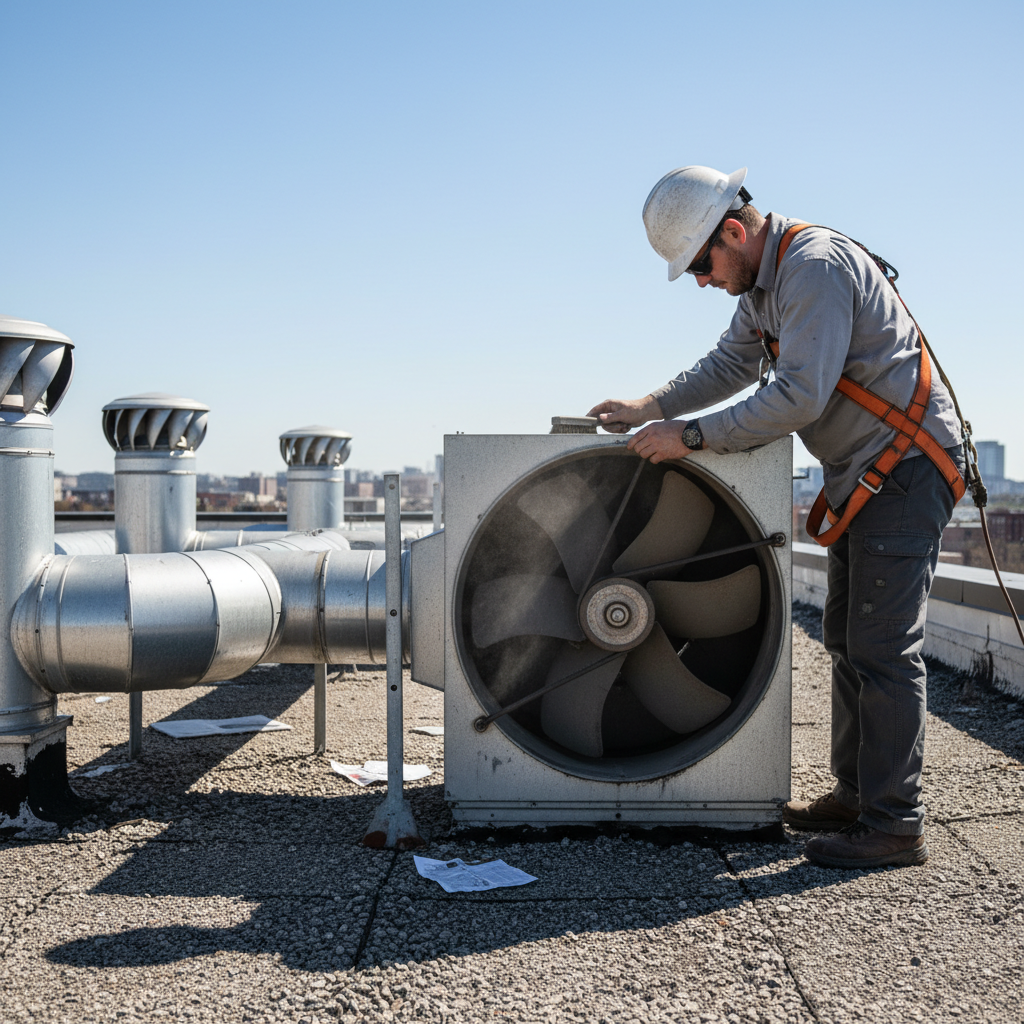 Technician servicing a rooftop kitchen exhaust fan in Ontario, checking belts and degreasing fan blades for safer ventilation