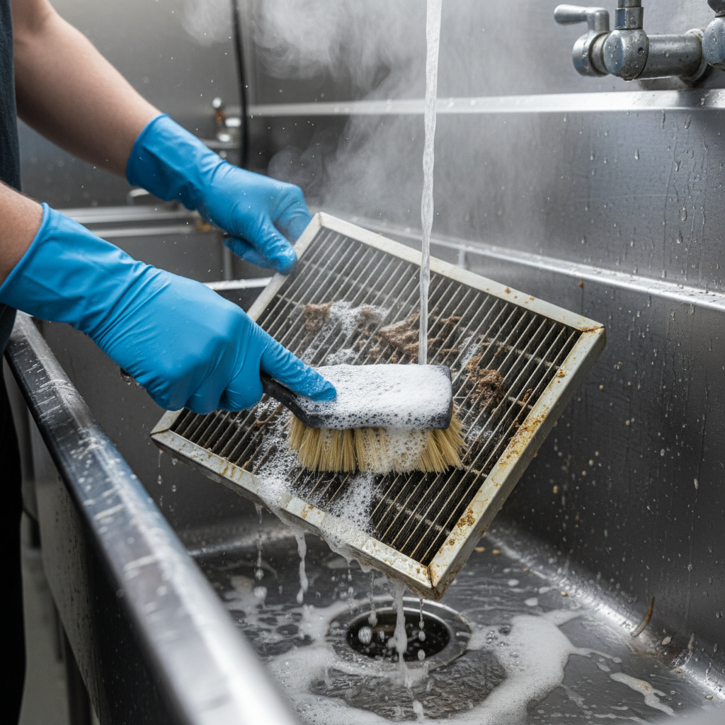 Close-up of hood filter scrubbing as part of commercial kitchen cleaning in Ontario with degreaser and gloved hands