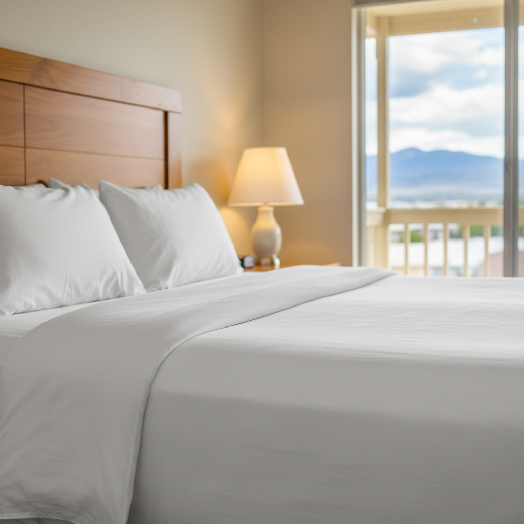 Close-up of renovated motel room bed with crisp linens and warm lighting at Briarcliff Motel in North Conway