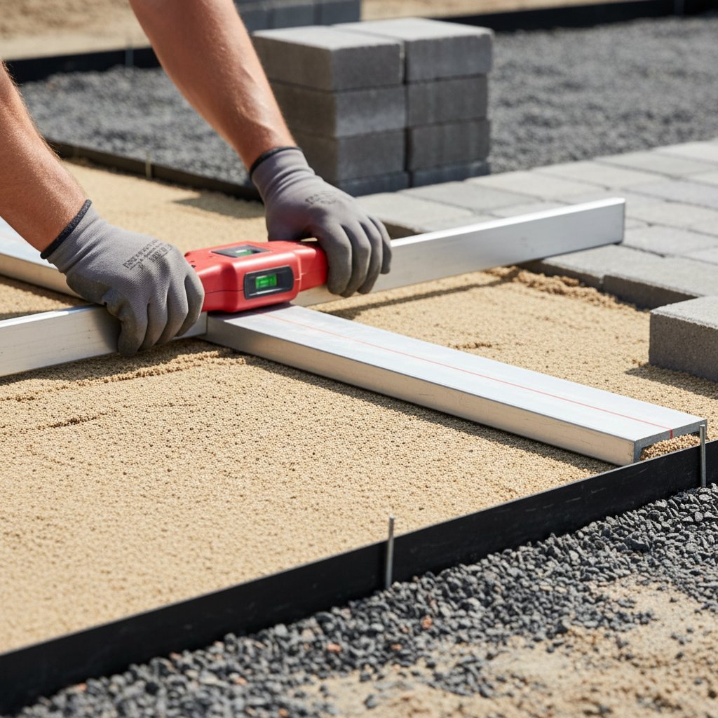 Close-up grading for interlocking pavers with laser level, screed board, compacted base, and edge restraint in a Mississauga backyard