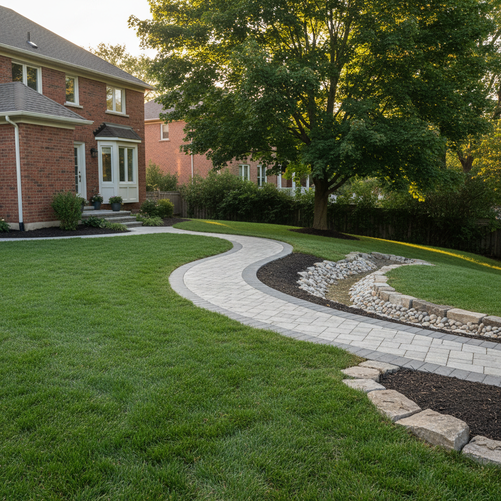 Finished Mississauga backyard with healthy sod, permeable paver walkway, shallow swale, and stone edging guiding stormwater