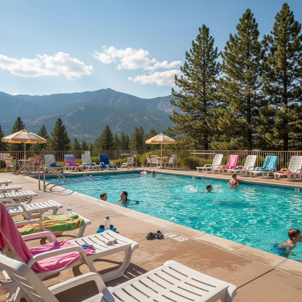 Family-friendly heated outdoor pool scene with mountains in North Conway at Briarcliff Motel