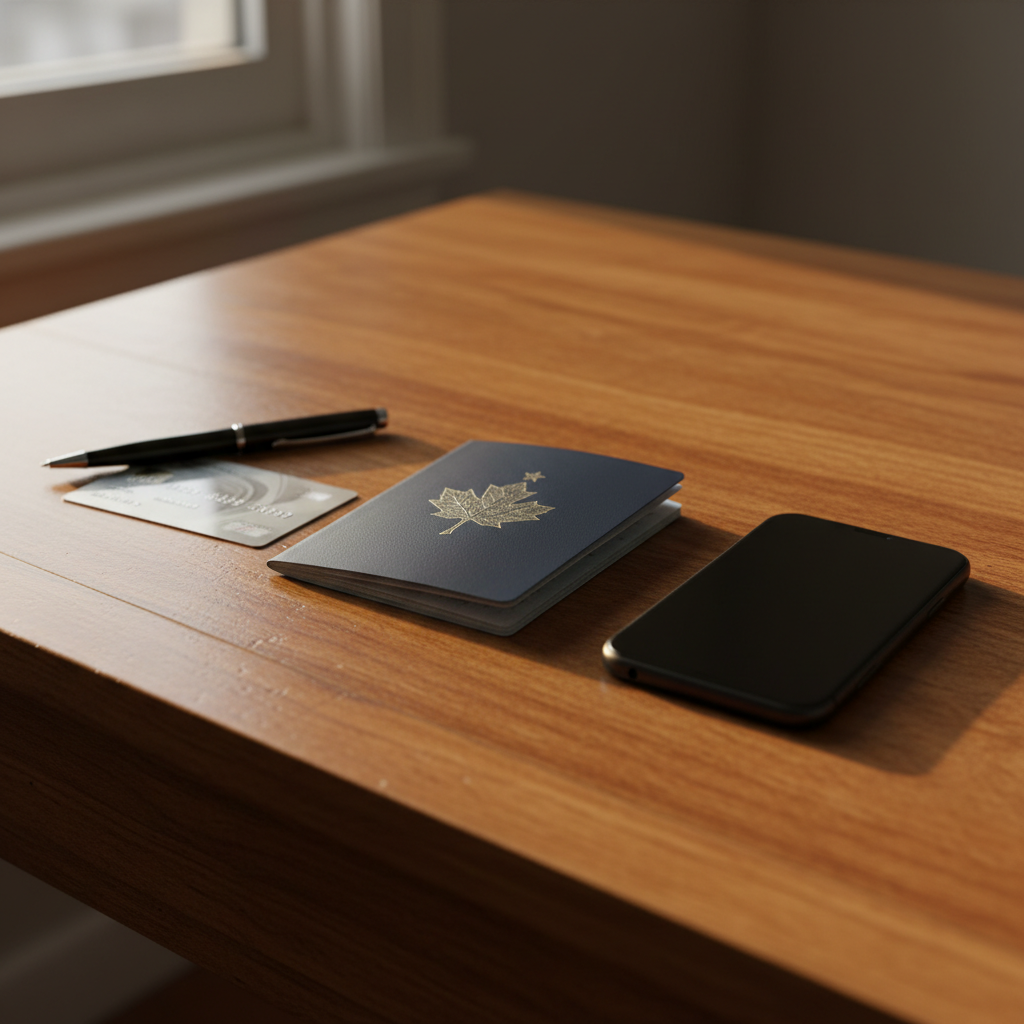 Organizing Canada visitor visa fee receipts: passport, card, and phone arranged neatly on desk