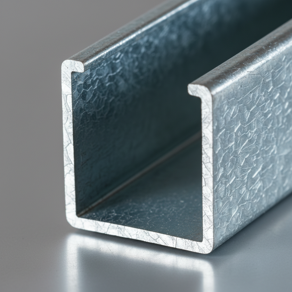 Close-up of deep leg J track profile in galvanized steel for metal framing