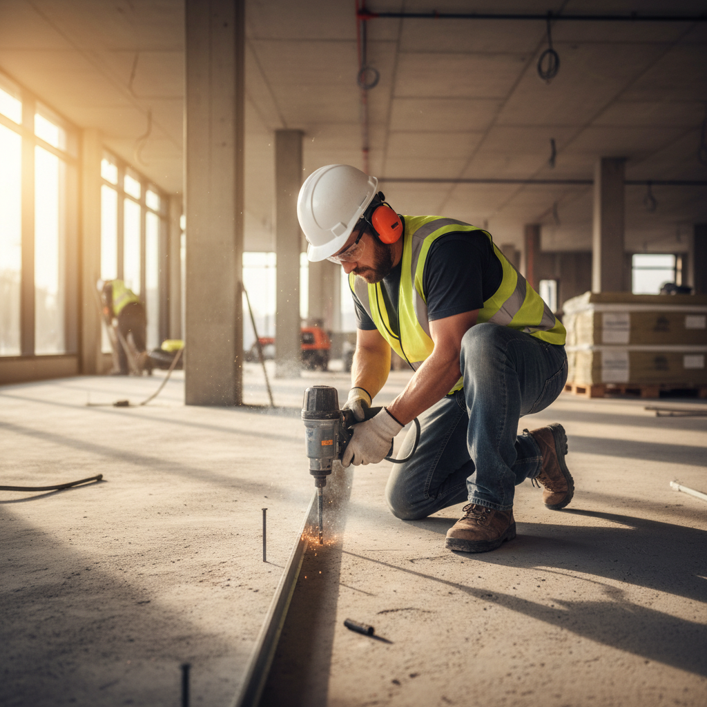 Contractor fastening steel track to a concrete slab with a powder-actuated tool