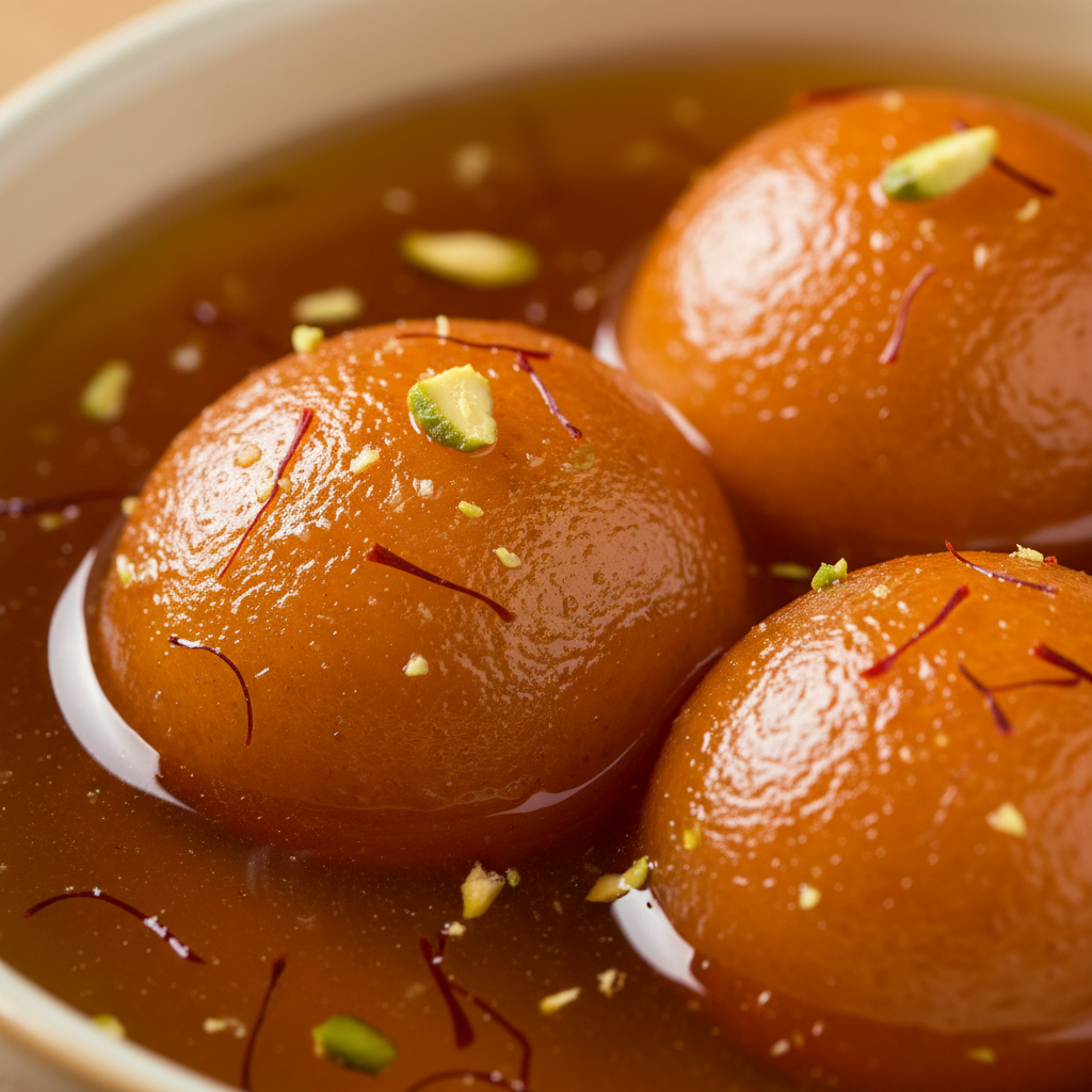 Close-up of gulab jamun in saffron-cardamom syrup for Diwali sweets in Brampton