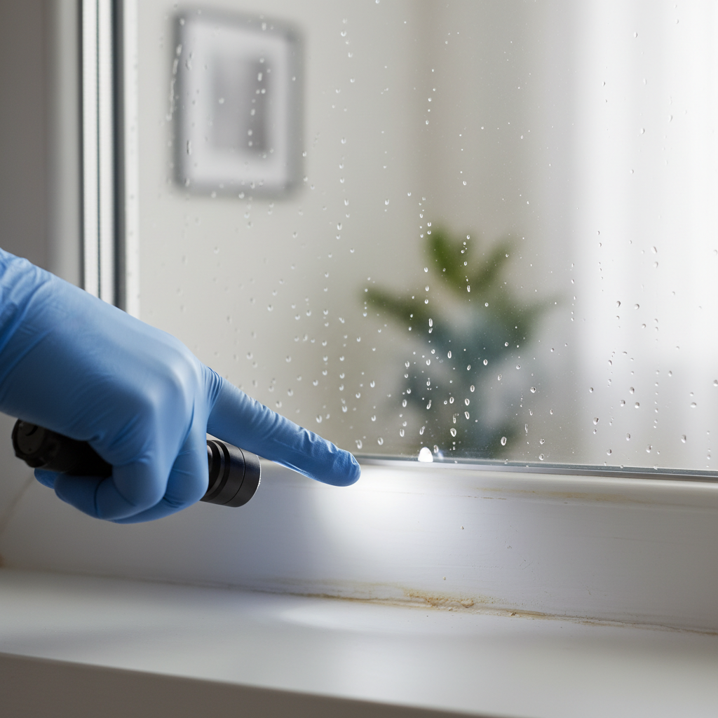 City apartment inspection close-up showing moisture condensation on a window sill, highlighting early water intrusion risks in GTA condos