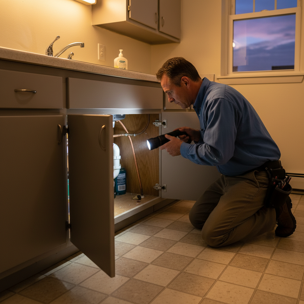 City apartment inspection under-sink plumbing check in a condo kitchen, with flashlight illuminating P-trap and valves