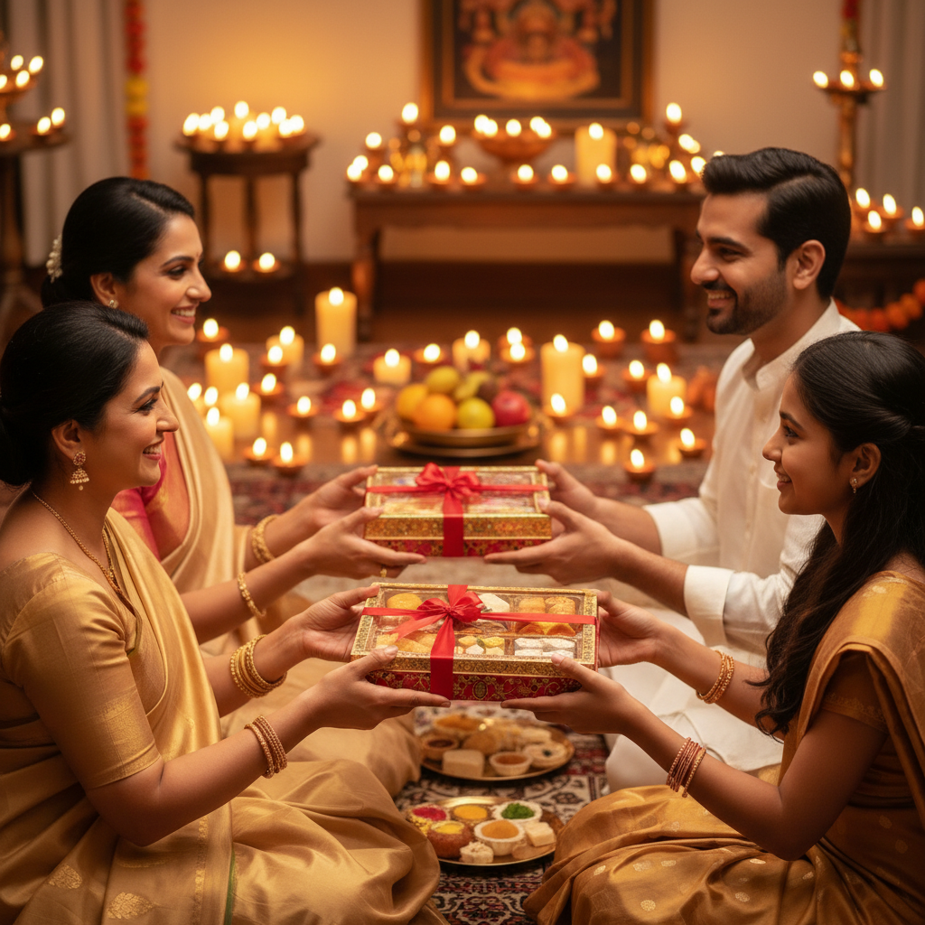 Elegant gift-ready mithai boxes exchanged during a Diwali gathering in Brampton