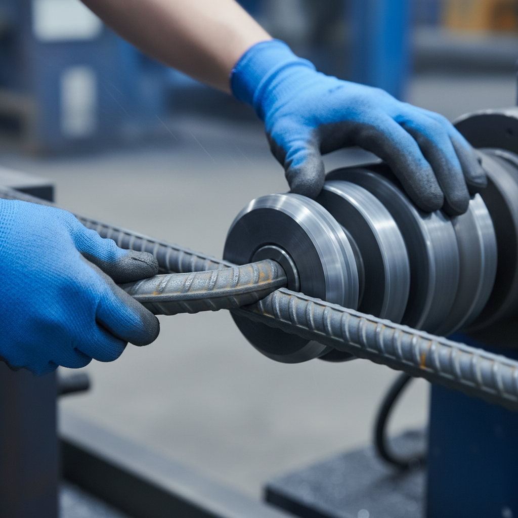 Close-up of CNC rebar bender shaping ribbed reinforcing steel bar for Ontario construction projects