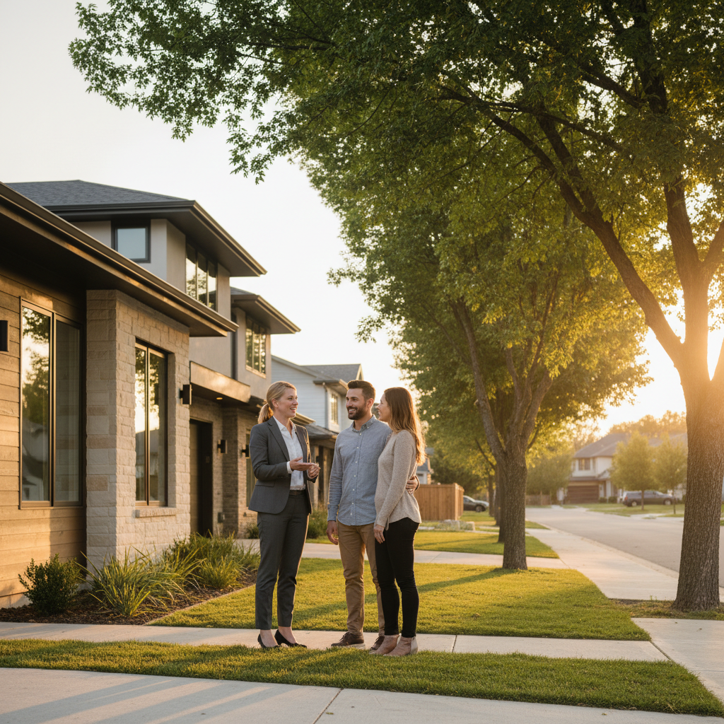 Surrey realtor showing a detached home at sunset on a quiet, tree-lined street in Metro Vancouver