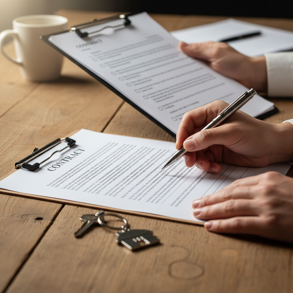Close-up of a Surrey realtor contract review with keys and checklist, illustrating agent selection due diligence