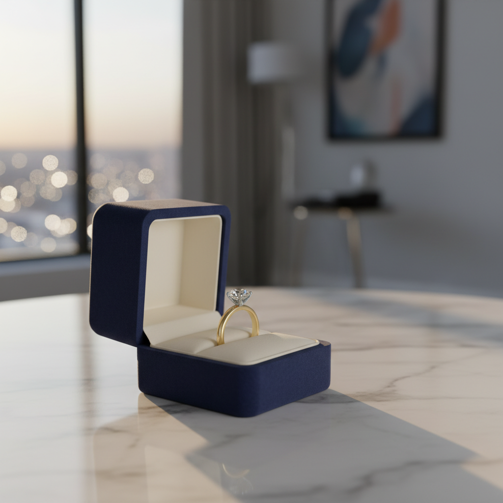 Classic solitaire engagement ring in box, a popular custom diamond engagement ring style on white marble