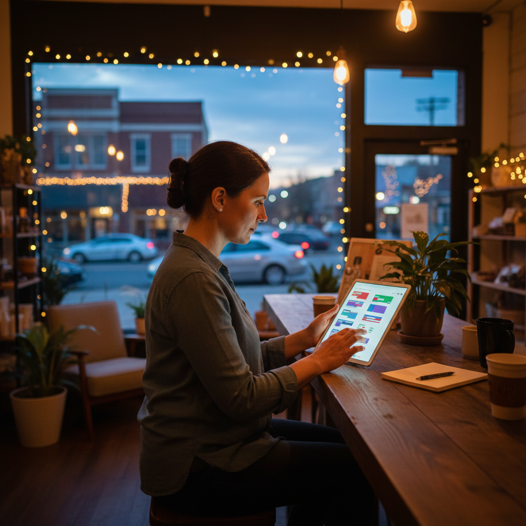 Small business owner using a tablet to manage CMS content and local SEO tasks