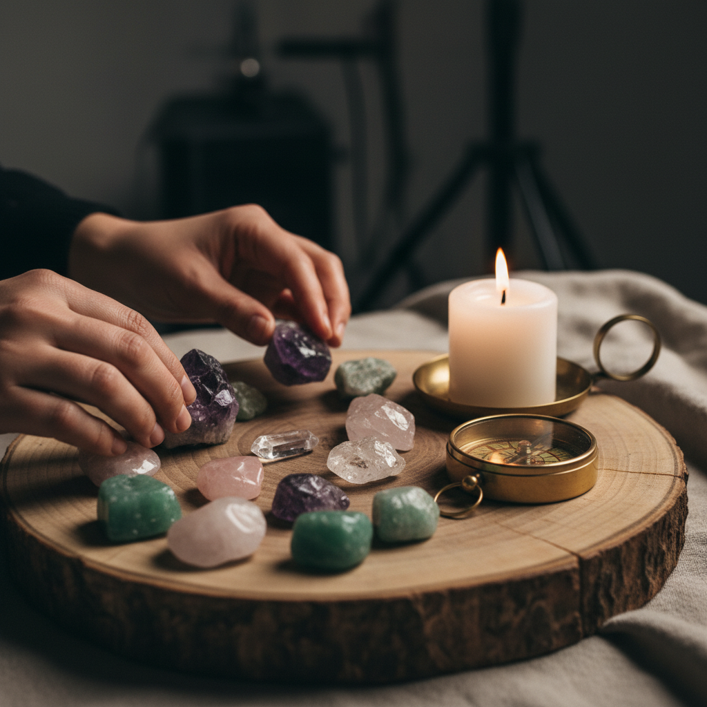Gemstone recommendation tools and auspicious timing props used in Vedic astrology consultations at World Astro