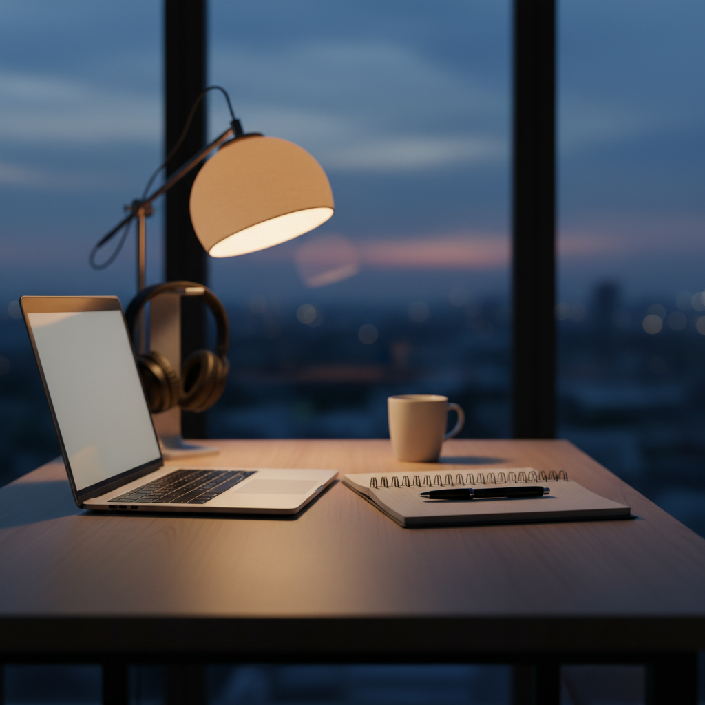 Quiet home office video consultation setup suitable for talking to an astrologer with notes and calendar ready