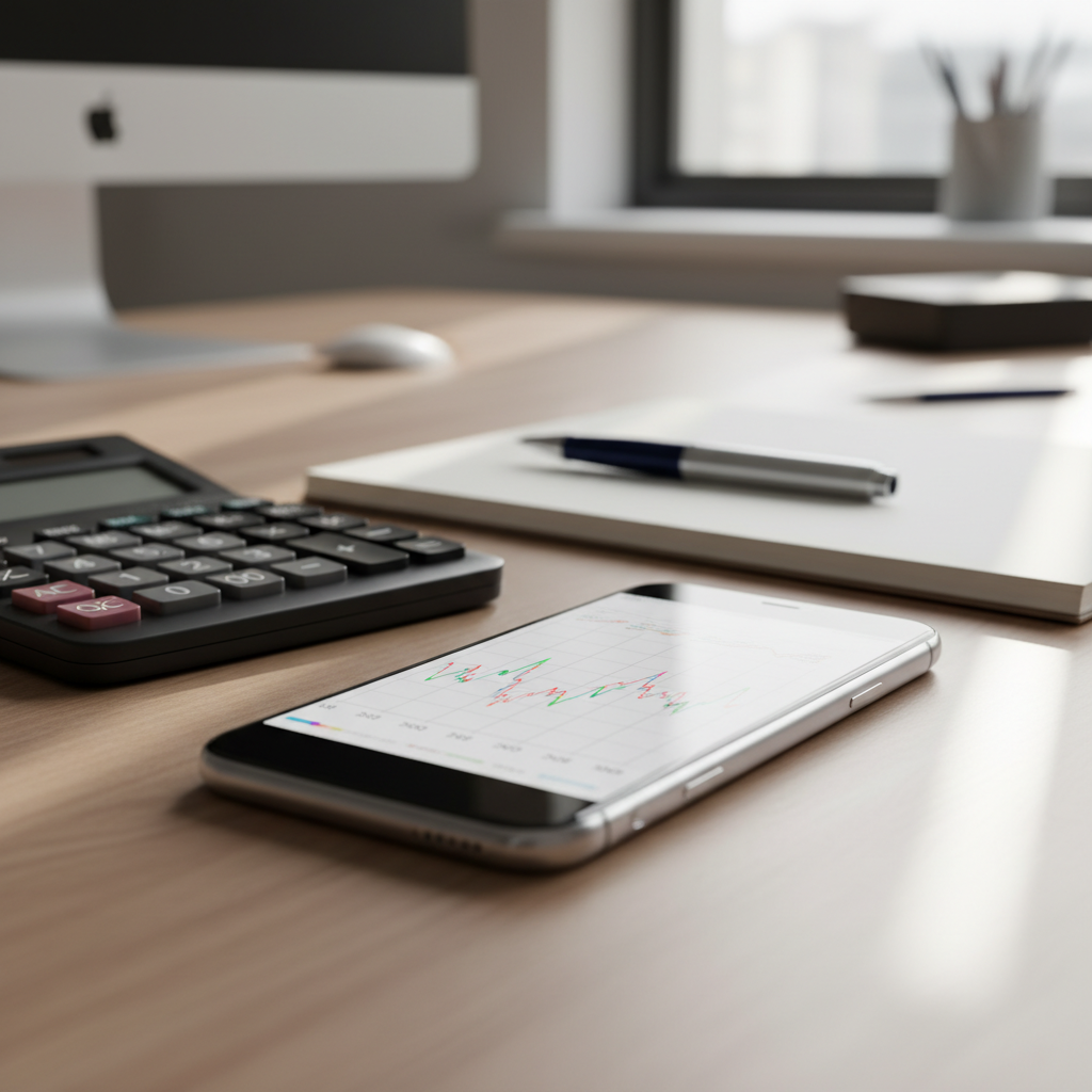 Close-up of smartphone with interest rate graph beside calculator, illustrating HELOC rate changes and comparison steps