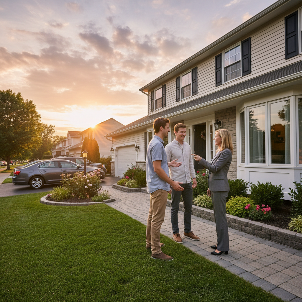Brampton couple touring a suburban home with their realtor to validate MLS listing details at sunset