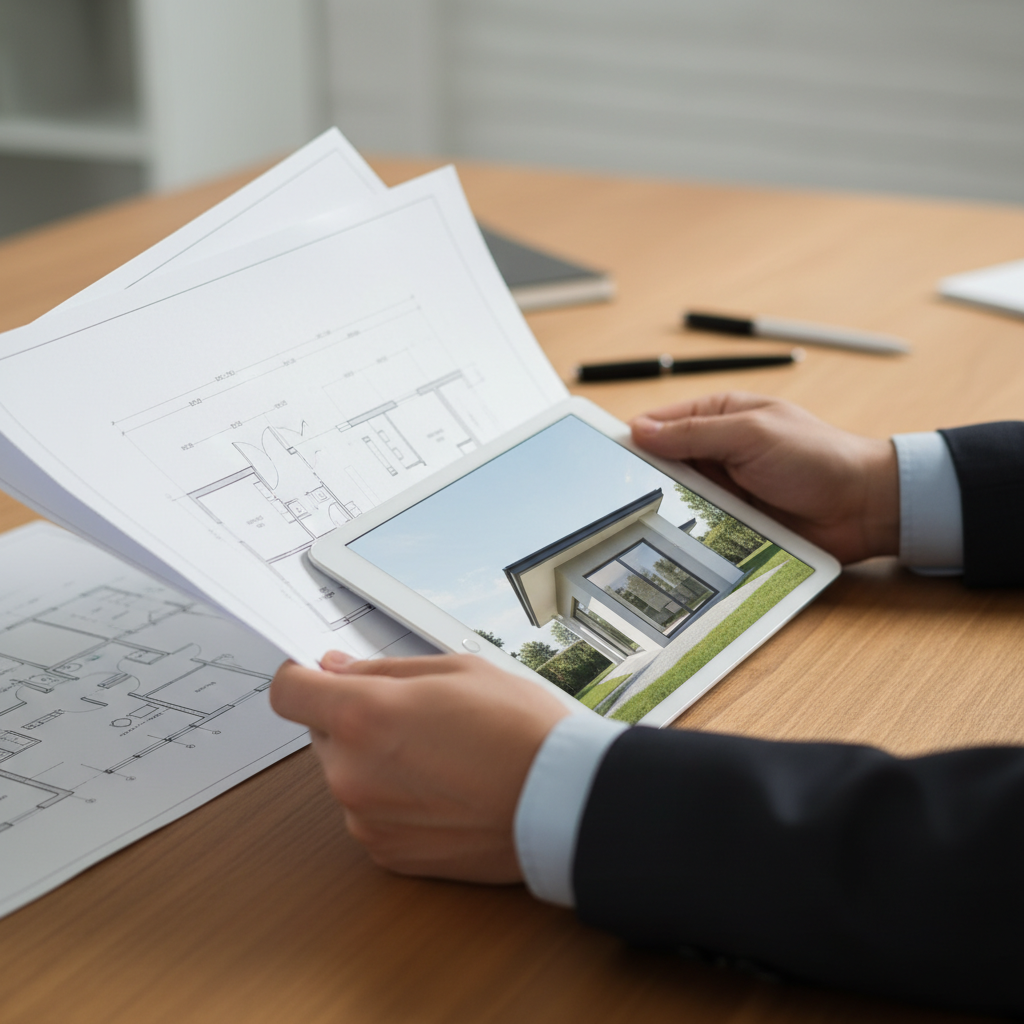 Close-up of a realtor comparing MLS listing details and floor plans for Brampton real estate buyers