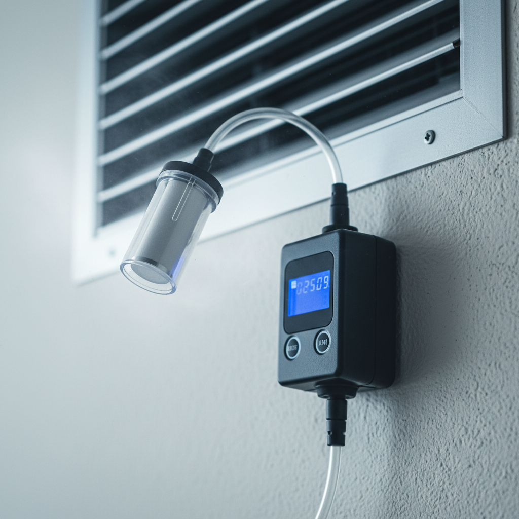 Close-up of mold air sampling cassette and pump during mold inspection and testing in Ontario home