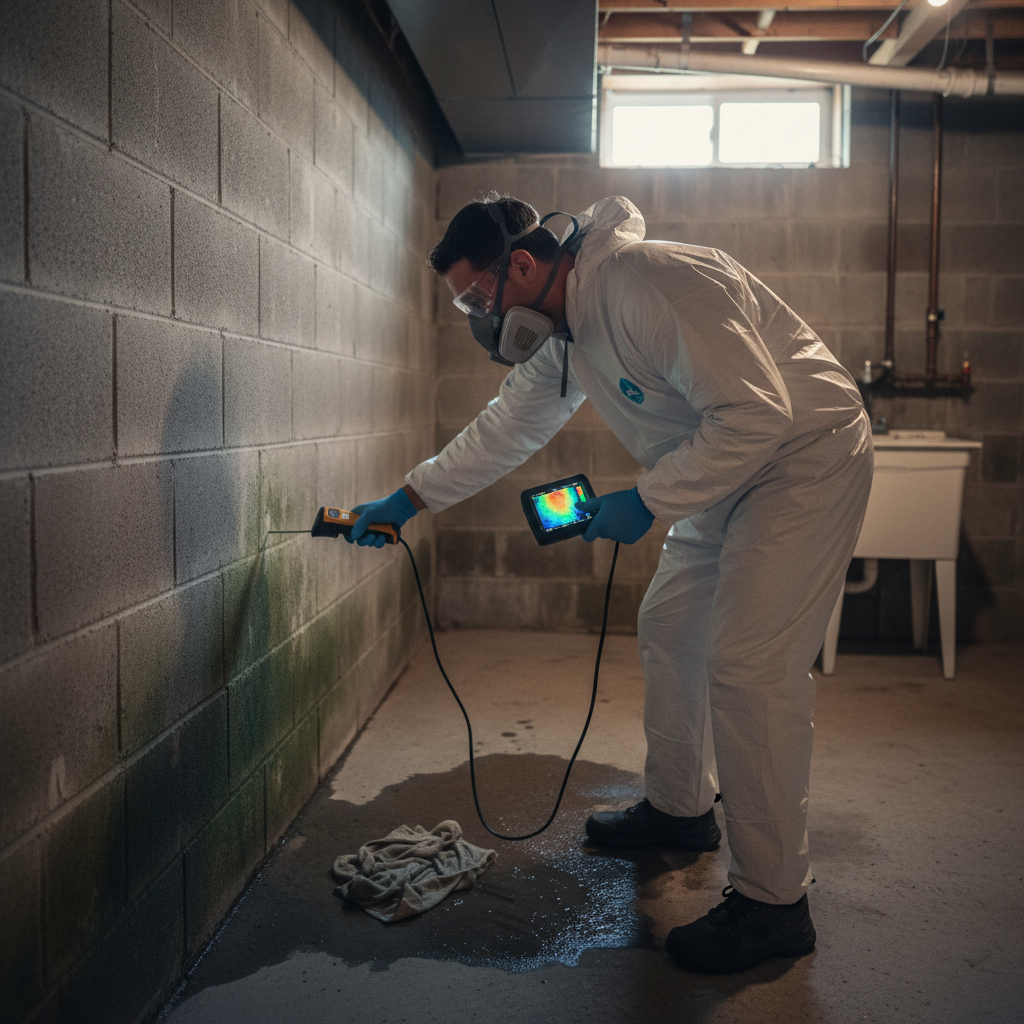Technician using moisture meter and thermal camera to assess basement wall after water damage in Ontario home