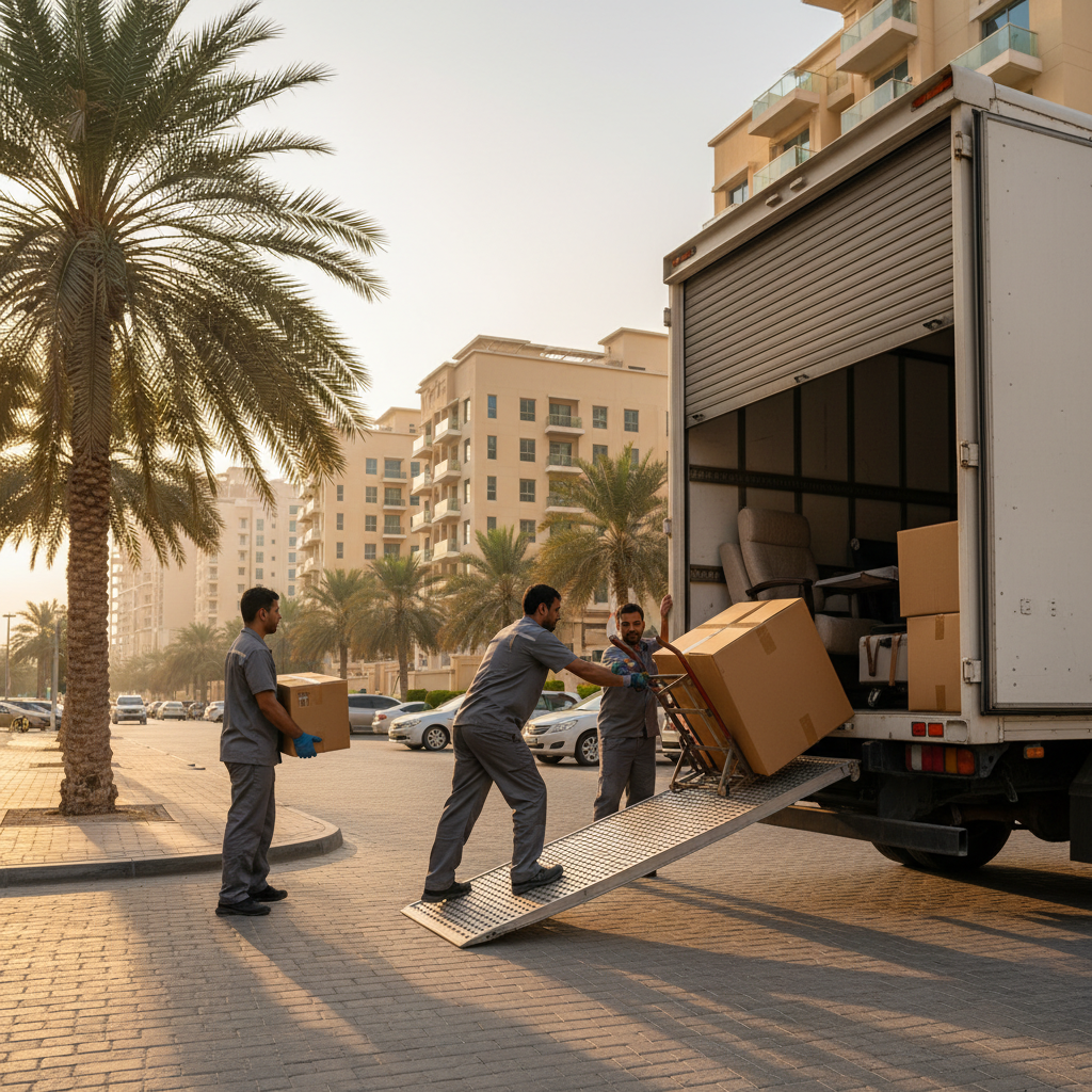 Movers loading a truck at a Dubai curb with a hand truck and ramp, showcasing efficient furniture moving logistics