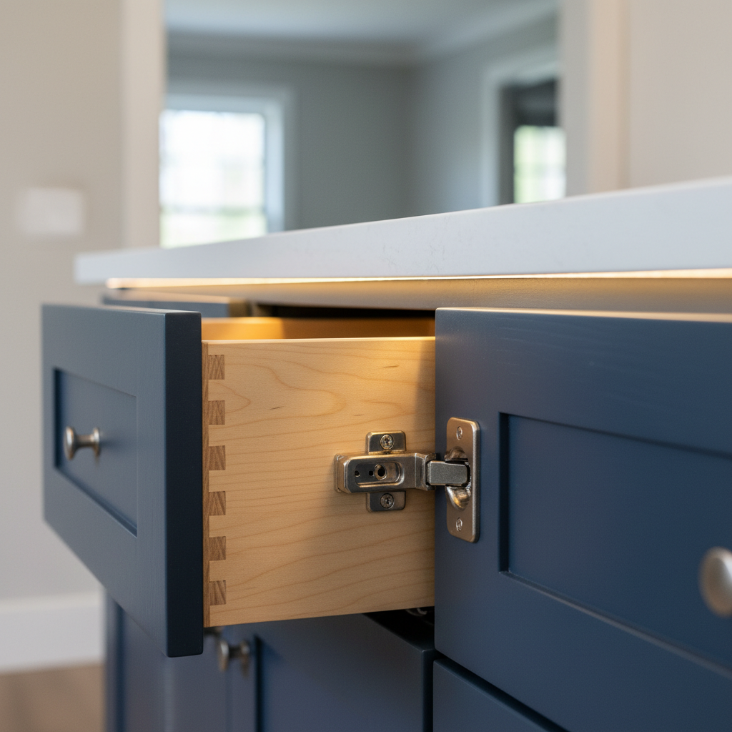 Kitchen Remodel: Get a Fresh Look Without Stress in 2026 1 Close-up of custom kitchen cabinetry craftsmanship with dovetail drawer, soft-close hinge, and quartz edge—Altima factory-direct cabinetry for GTA kitchen remodels