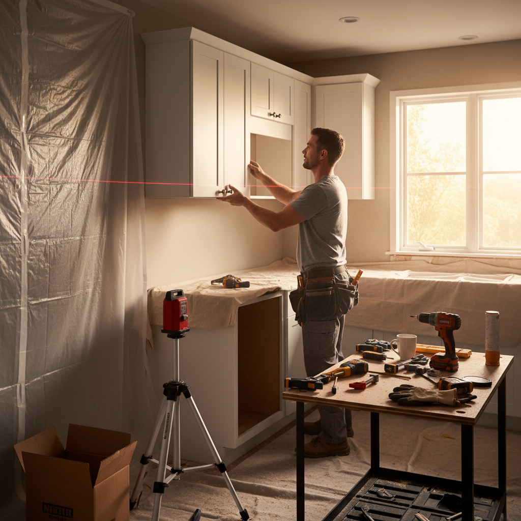 Kitchen Remodel: Get a Fresh Look Without Stress in 2026 2 Professional installer aligning upper cabinets with a laser level during a kitchen remodel—Altima’s precise installation workflow