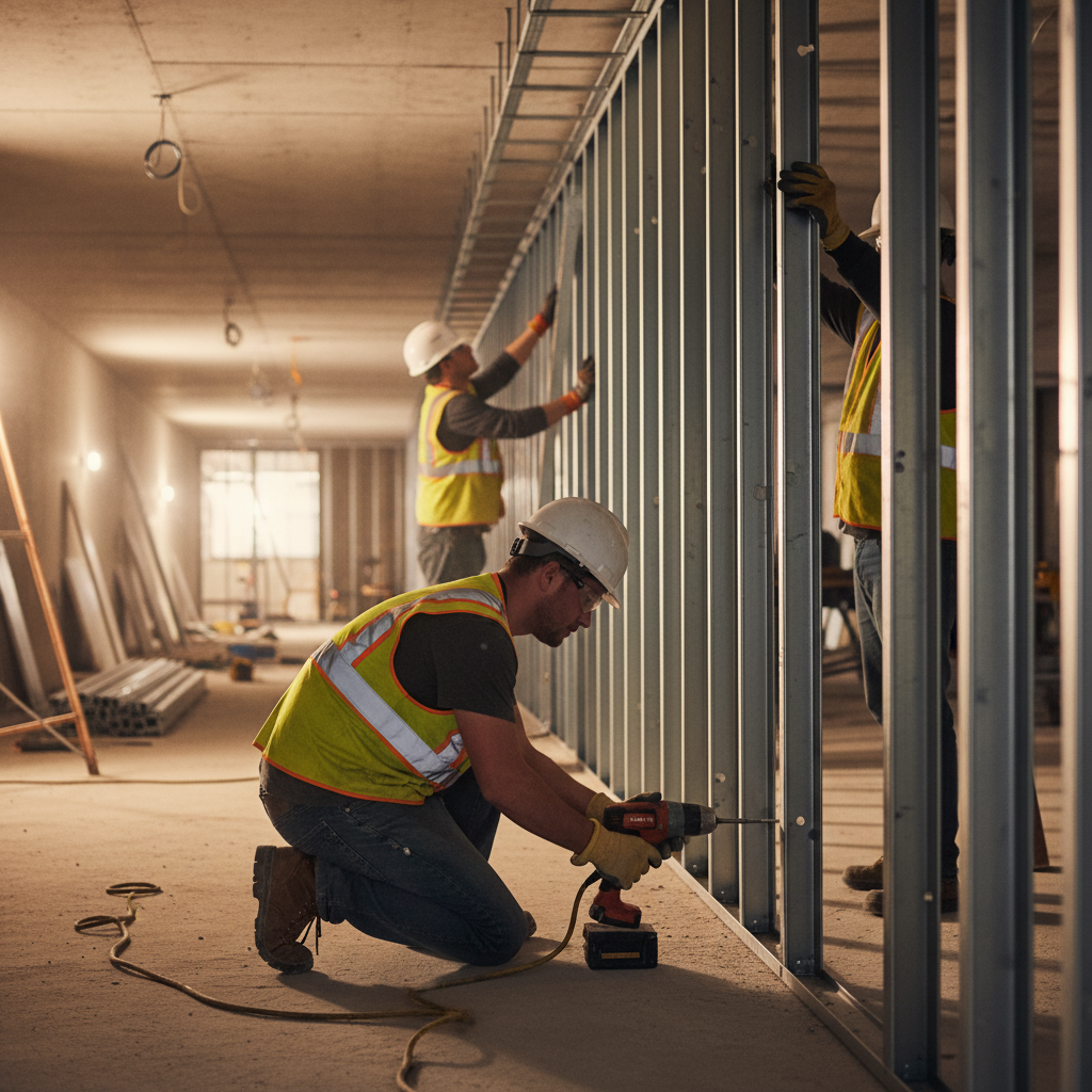 Installers placing steel studs into slotted deflection track along a corridor, showing correct head-of-wall movement detailing