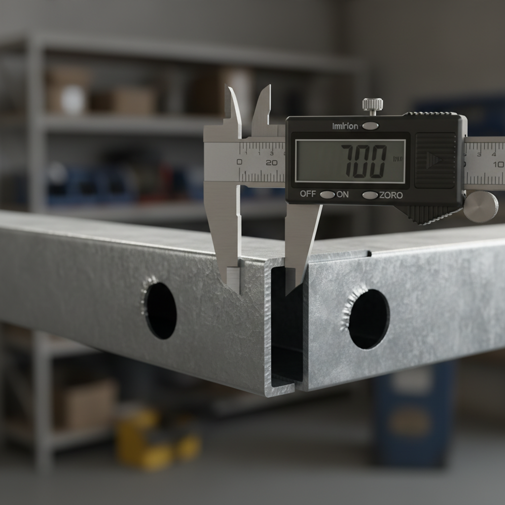 Close-up of galvanized steel stud profile with caliper measuring web and flange, illustrating steel framing dimensions and gauge selection