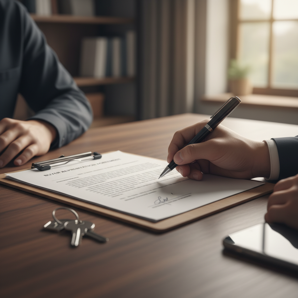 Close-up of hands signing a Buyer Representation Agreement in Mississauga; keys and clipboard on desk for buyer advocacy