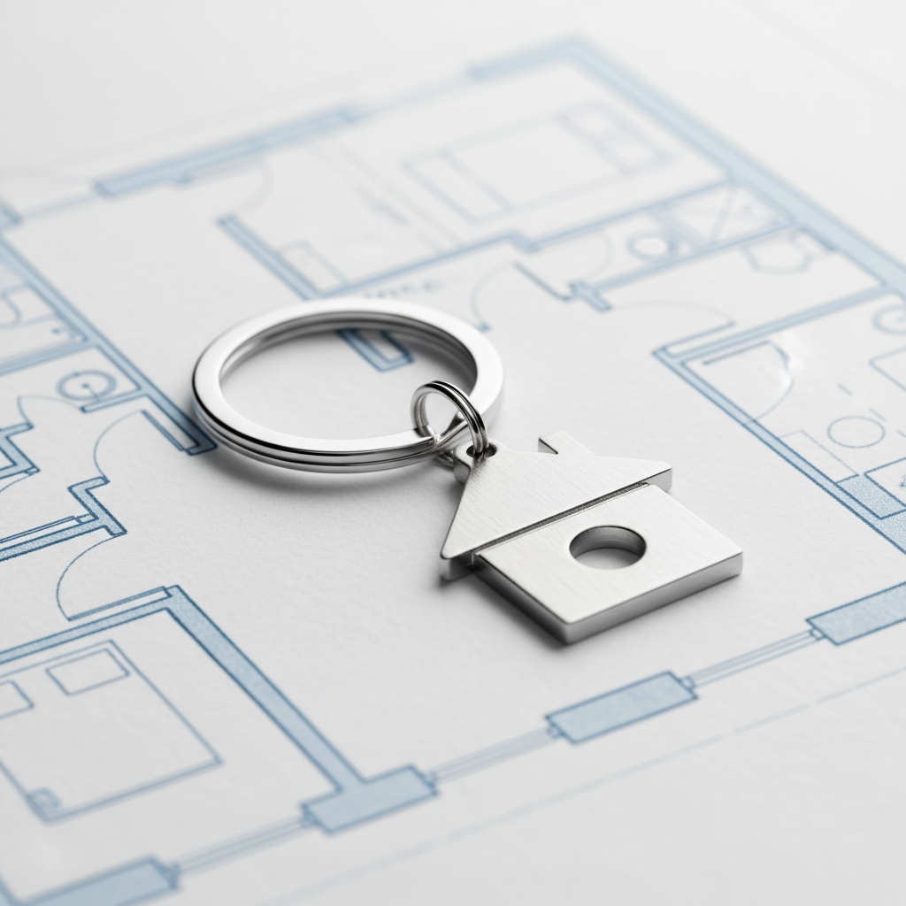 Close-up of a house key on a clean floor plan, symbolizing MLS listings search details and property data fields