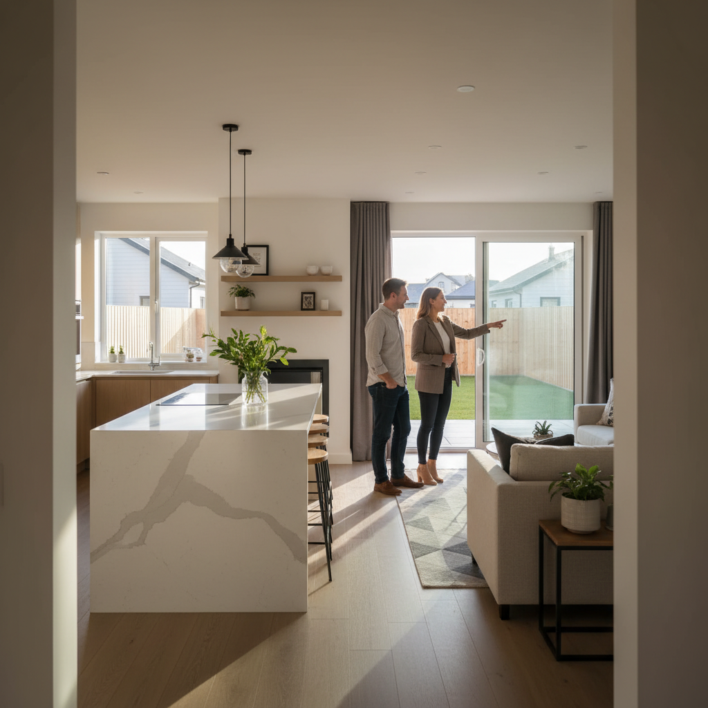 Real estate agent touring Mississauga home buyers through an open-concept detached house during the buyer representation process