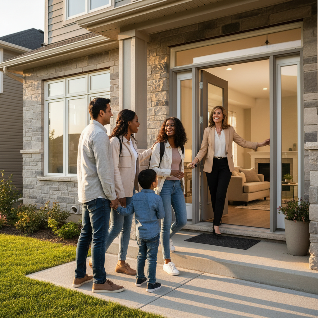 A family touring a bright Canadian suburban home with a realtor, illustrating how MLS listings lead to in-person showings