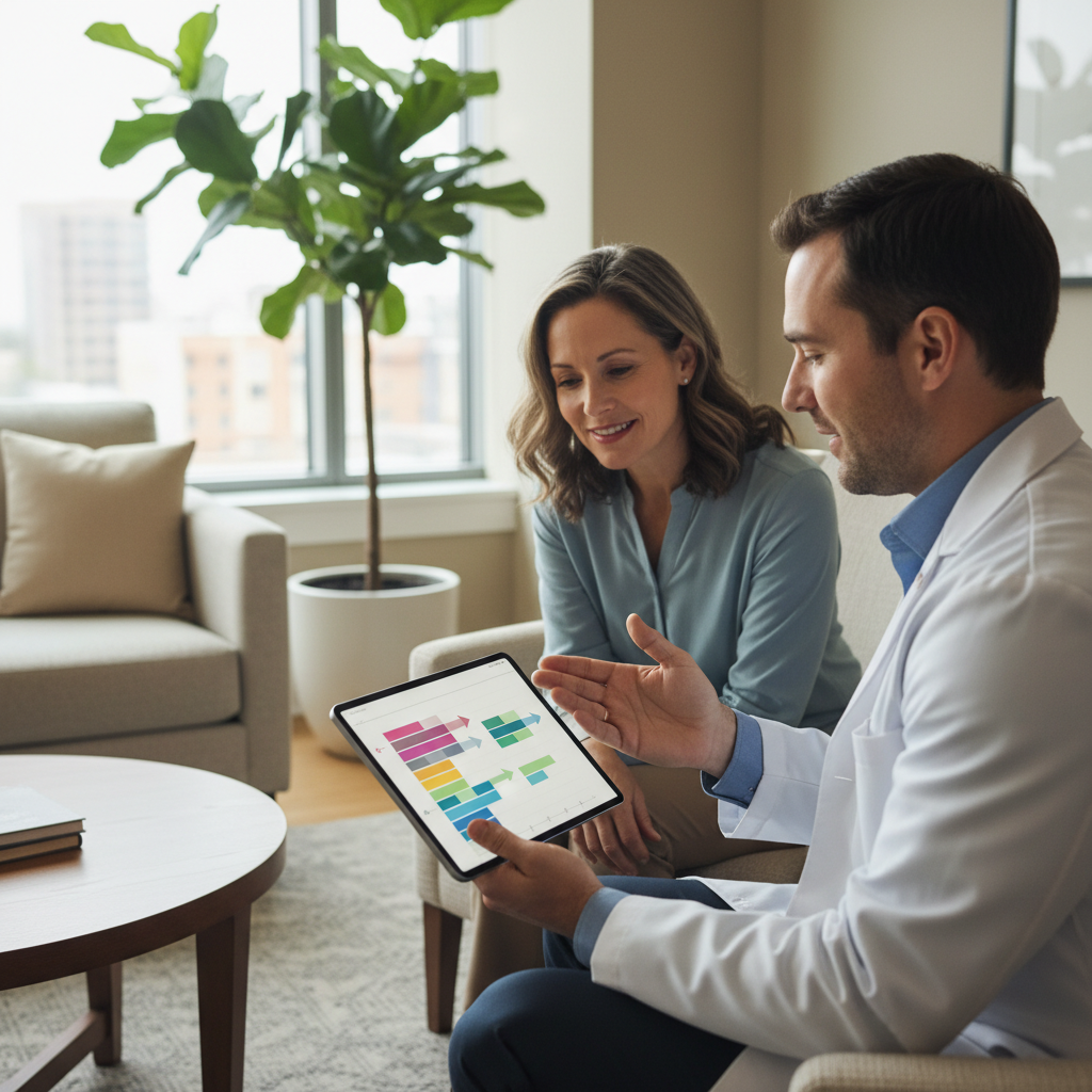 Physician and patient reviewing a monthly Sublocade plan in a quiet Ontario clinic consultation room