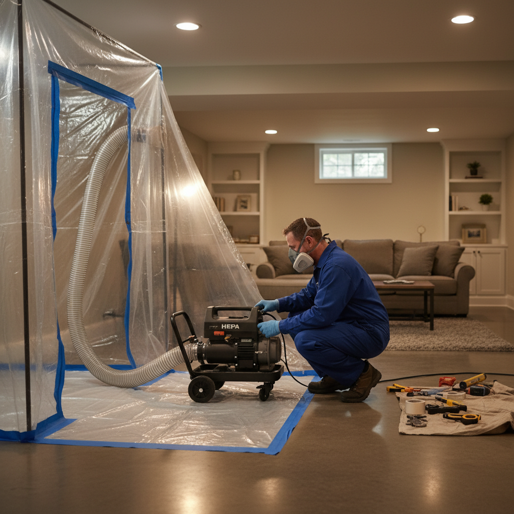 Technician setting up HEPA air scrubber and floor containment as part of mold mitigation process in a basement