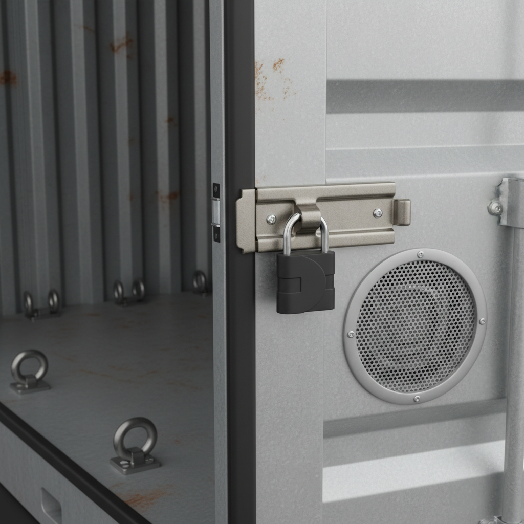 Close-up of a portable storage container door latch with weather seal and lock for moving in Dubai