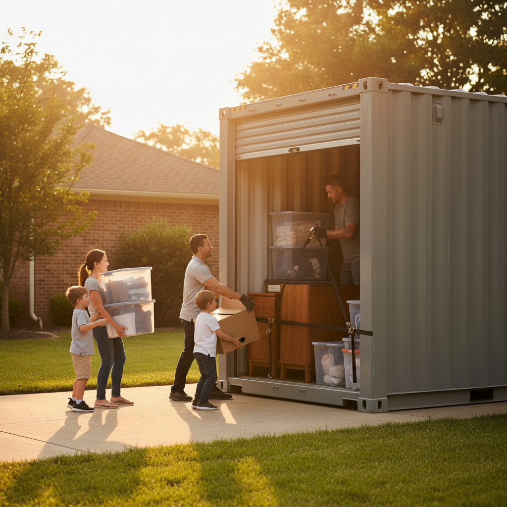 Family organizing a portable storage container on a driveway as a mover secures furniture with ratchet straps in Dubai
