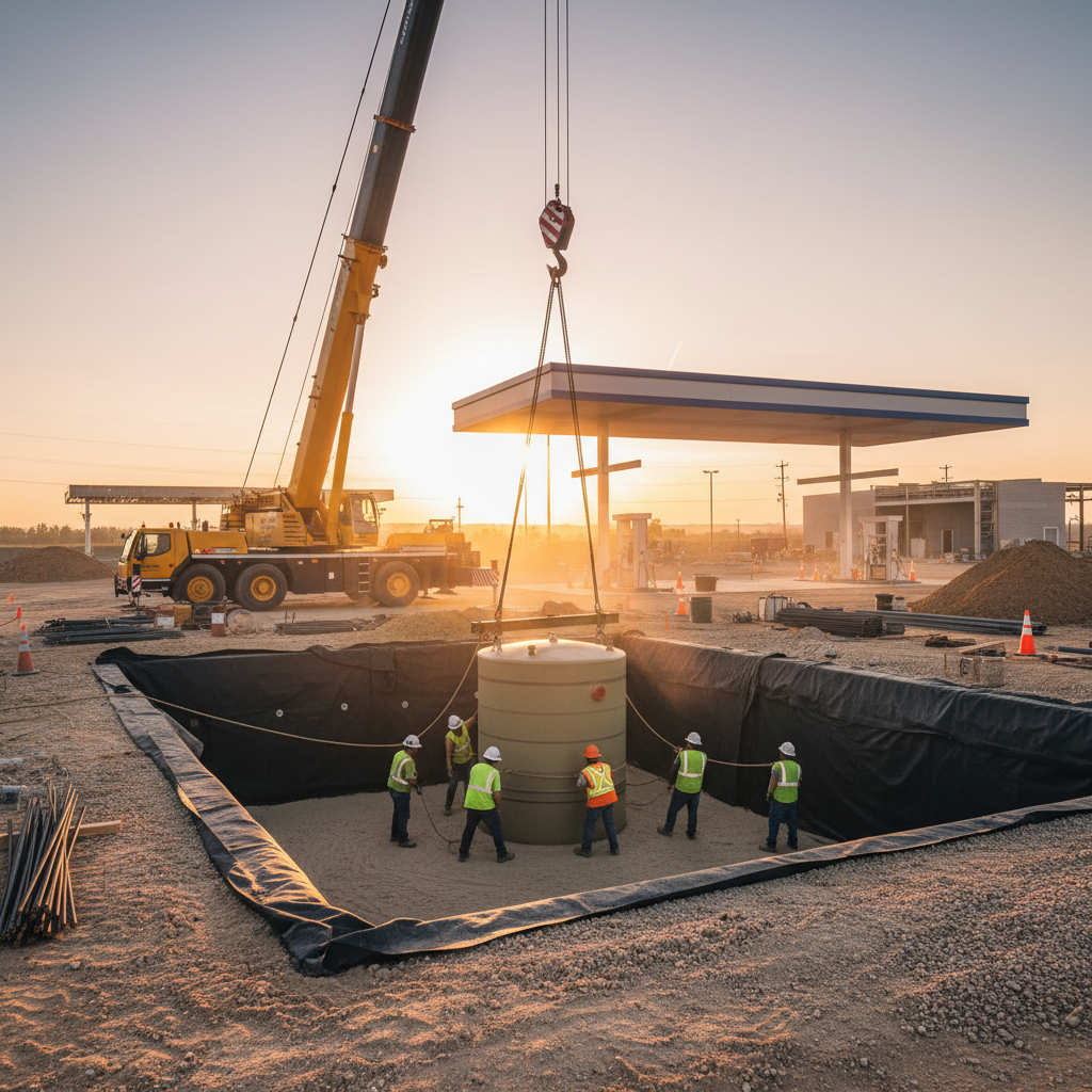 Gas station excavation project in Texas with crane lowering a double-wall fiberglass underground storage tank into a prepared pit