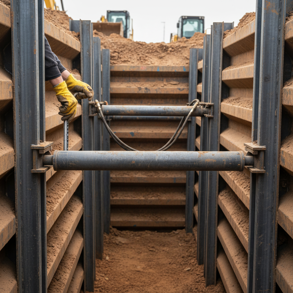 Trench safety shoring close-up showing steel trench box and hydraulic struts for excavation project in Texas