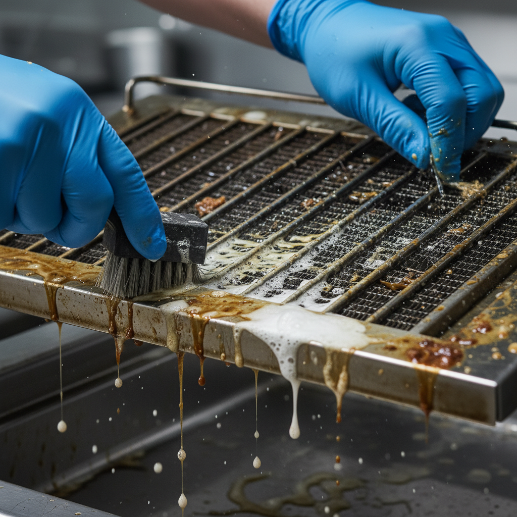 Close-up degreasing of oven rack and hood baffle during commercial appliance cleaning for Ontario restaurants