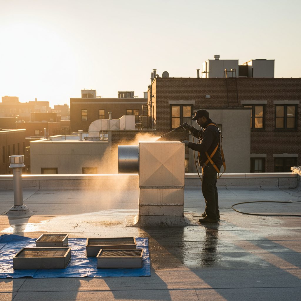 Rooftop exhaust fan cleaning with safety harness and pressure sprayer as part of commercial appliance cleaning program