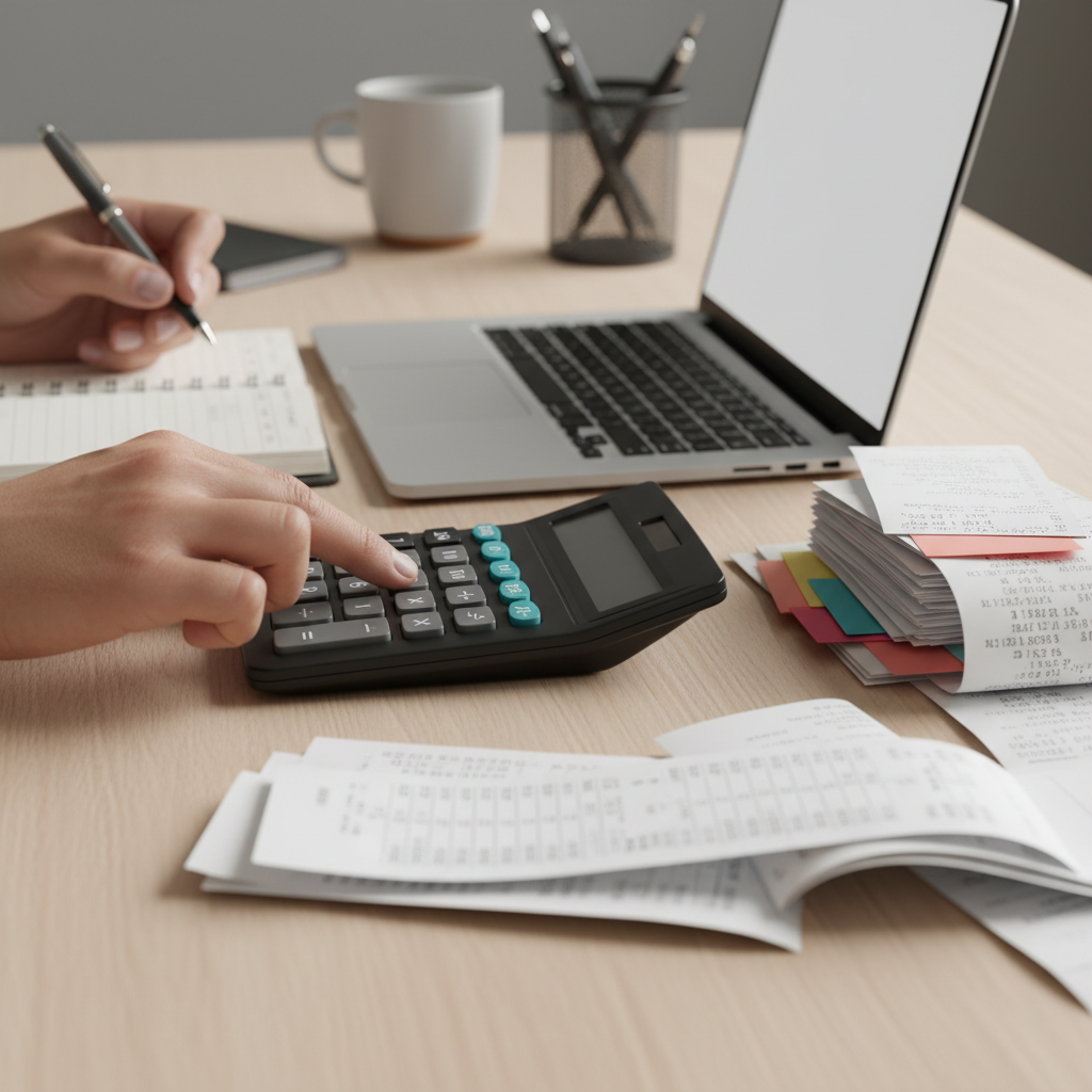 Close-up of hands using a calculator and laptop for tax saving bookkeeping accuracy in Parramatta