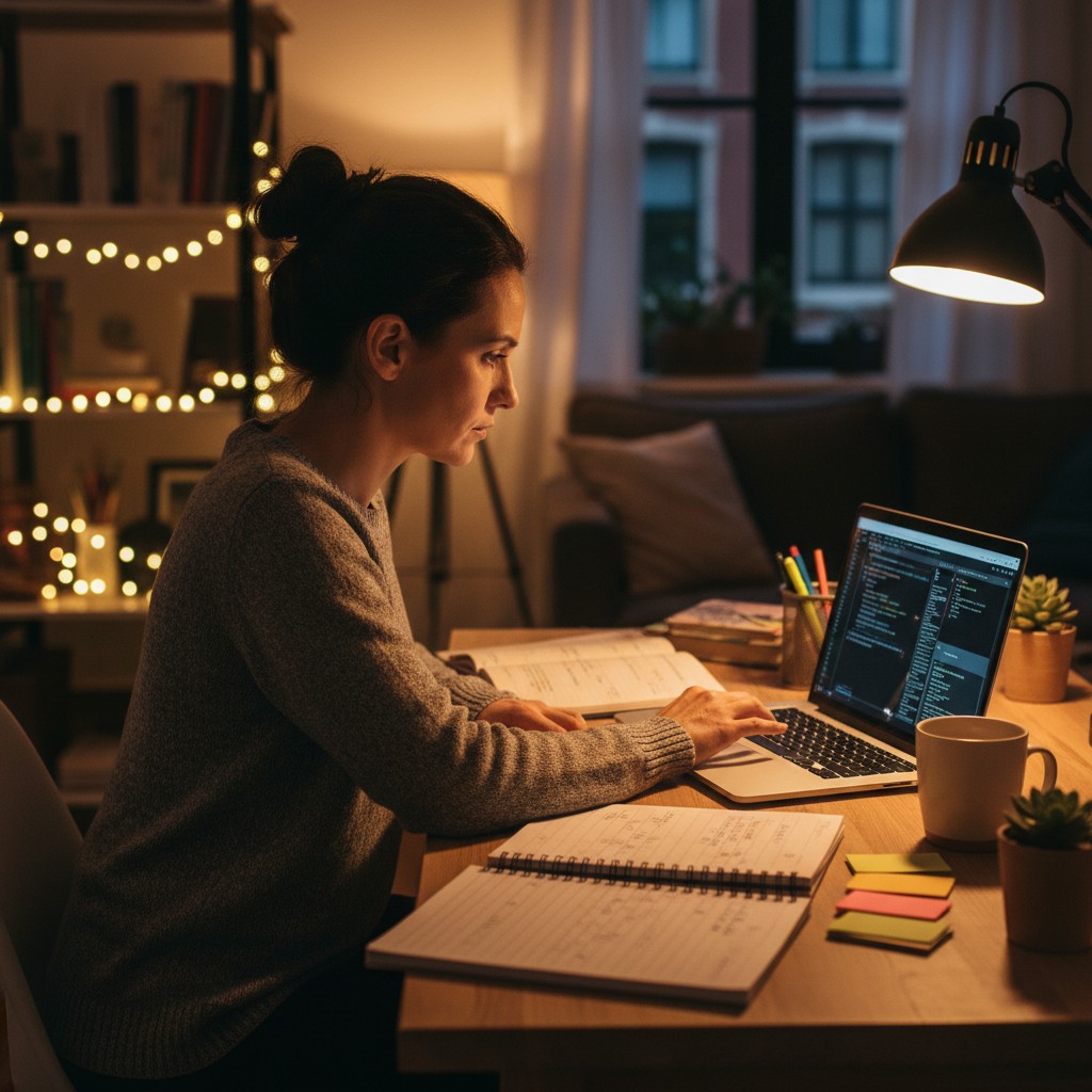 Adult learner studying for business analysis certification with laptop, notes, and flashcards in a focused evening setting